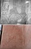 Dekoratiiv- ja figuraalmaalingu fragmendid koorilõpmiku idaseina lõunaosas, seisukord 2007.a (all). Võrreldes 1970.aastate fotoga (ülal) on maaling märgatavalt fragmenteerunud.. Foto: Ülemine foto: Rosimannus. Muinsuskaitseameti arhiiv 4-5/11, II köide; alumine: M.Kallas, 02/2007