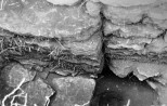 Šurf nr.2. Pikihoone ja torni põhjapoolsete vundamentide vaheline vertikaalvuuk. Pikihoone vundamendile risti olevad vanad vundamendi jäänused.. Autor: H.Uuetalu. Aasta: 1958